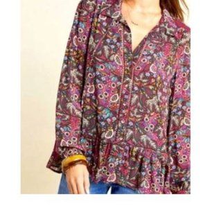 Anthropologie Maeve Floral Top Ladder Lace Peplum Long Sleeve Button Size 14